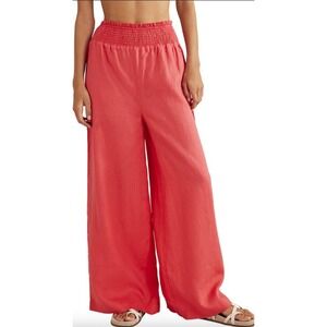 Boden Linen Shirred Waist Trousers Bright Pink High Rise Wide Leg Summer Size 6L